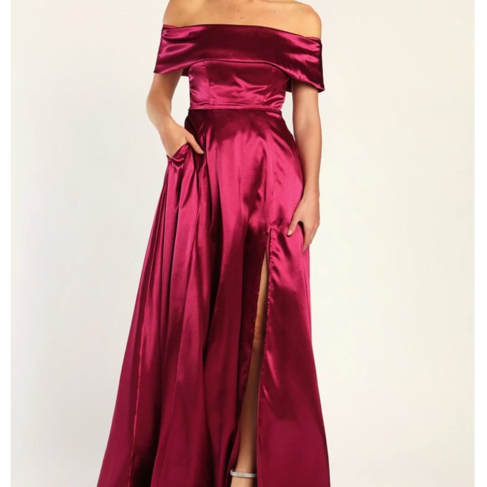 Greatest Hits Berry Pink Satin Off-the-Shoulder Maxi Dress